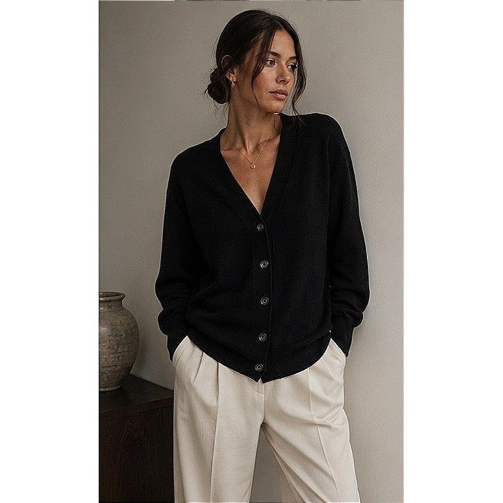 100% 2 Ply Cashmere Black Grandpa Cardigan Minimalist Soft Luxury Sweater Medium